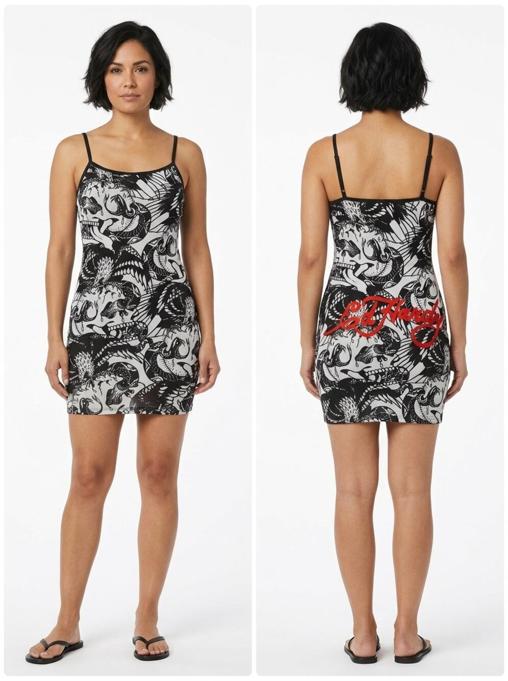 Ed Hardy Tattoo Graphic Print Spaghetti Strap Bodycon Dress Women Size M